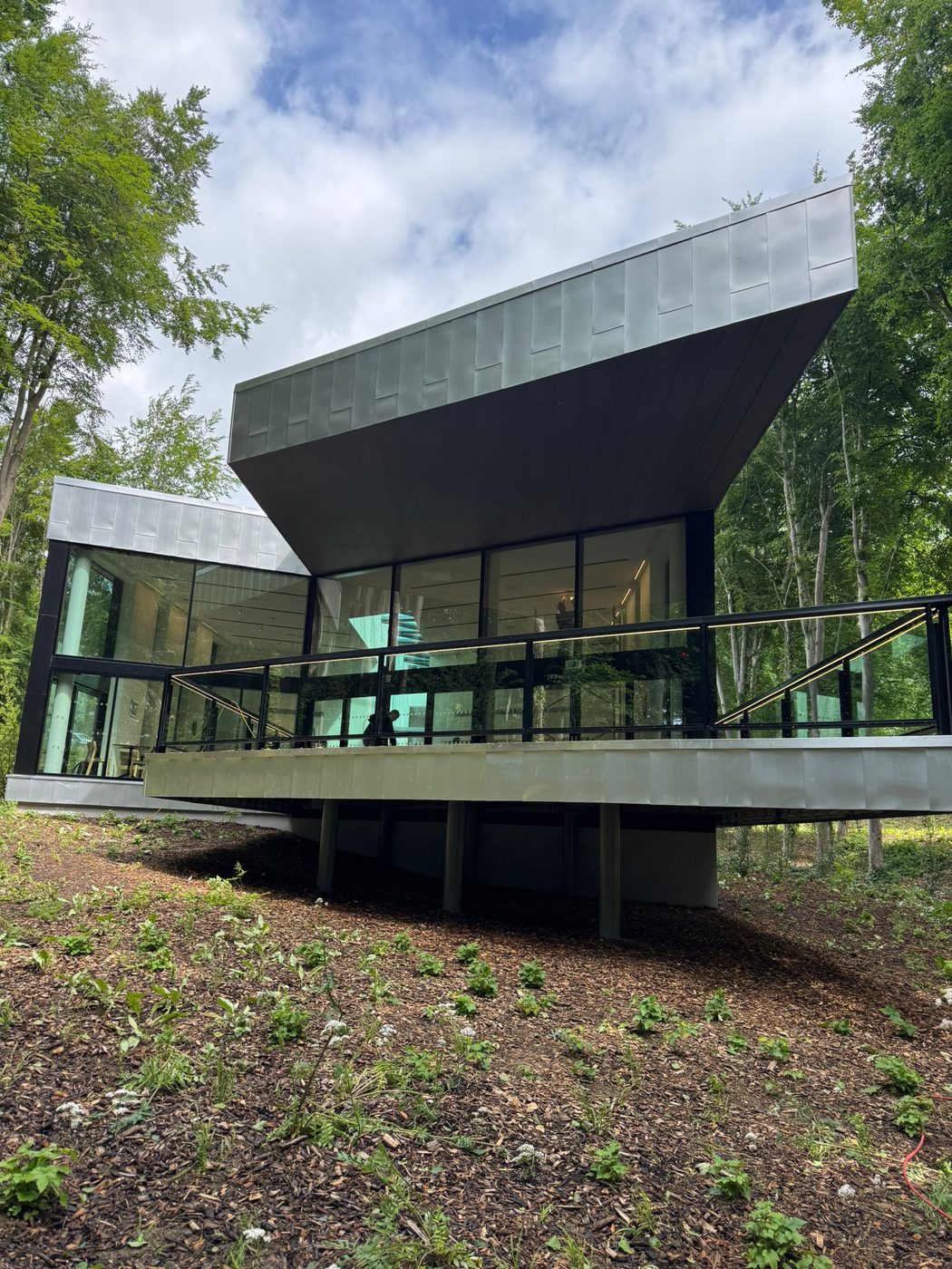 A contemporary glass-and-steel building cleaned in woodland in West Sussex