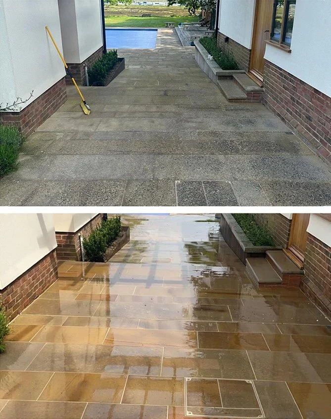 Patio cleaning restoring paving slabs in Birdham