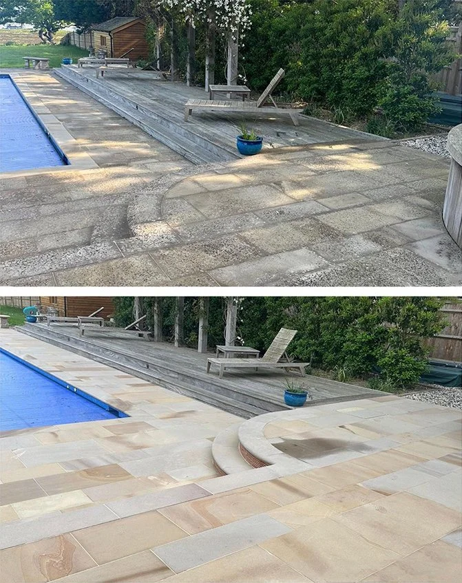 Pool-area pressure washing cleaning the surround at a West Wittering home