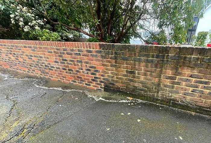 A mossy brick garden wall cleaned back to the original brick