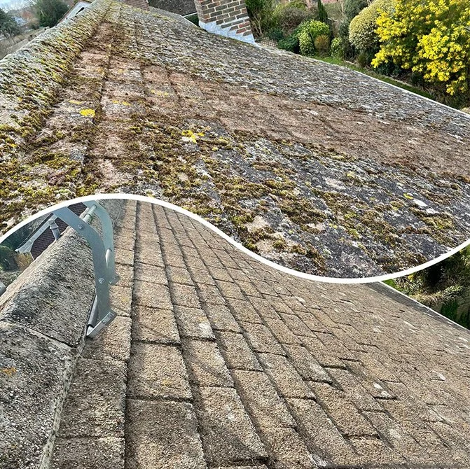 Roof moss removal clearing thick moss from tiles in Chichester