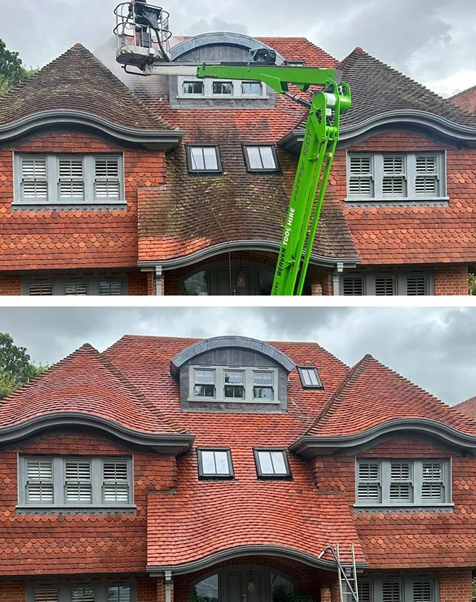Chemical-free roof steam cleaning in progress on a Chichester home