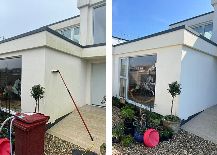 Soft-wash render cleaning removing algae from a property